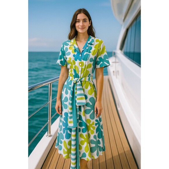 Gretchen Scott Designs Panache Maxi Collared Dress Turquoise & Lime Green Sz XS - Picture 1 of 12